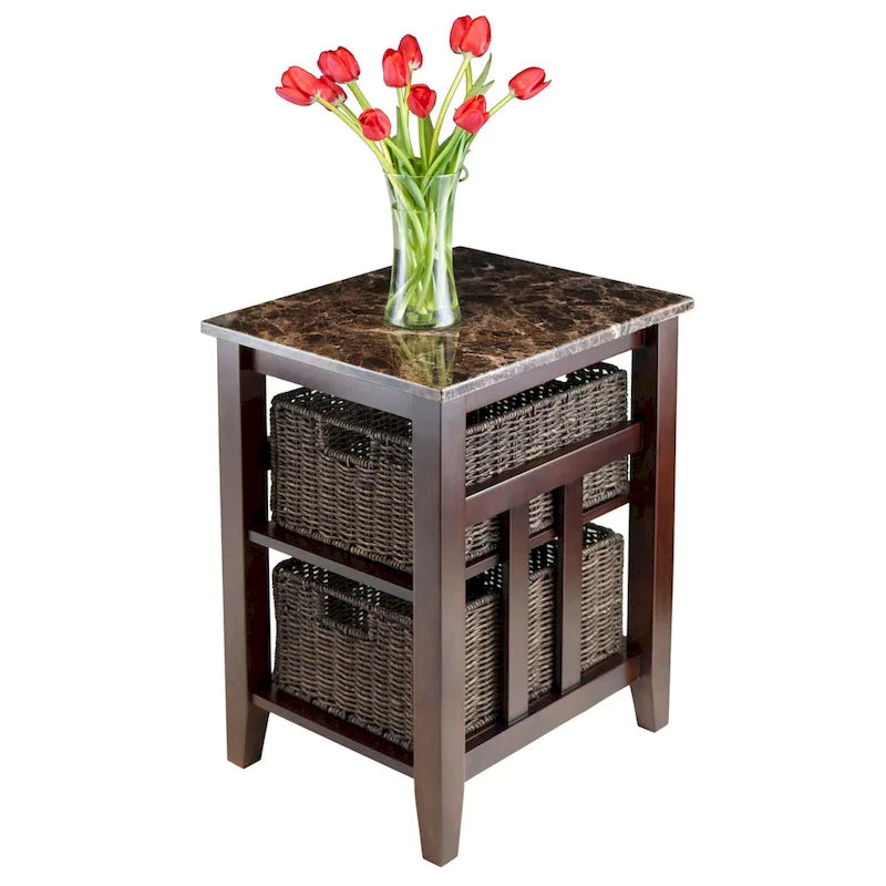 Table d'appoint avec plateau imitation marbre et 2 paniers