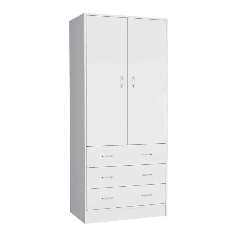 Armoire moderne à deux portes avec 3 tiroirs et 1 tringle à vêtements pour chambre à coucher