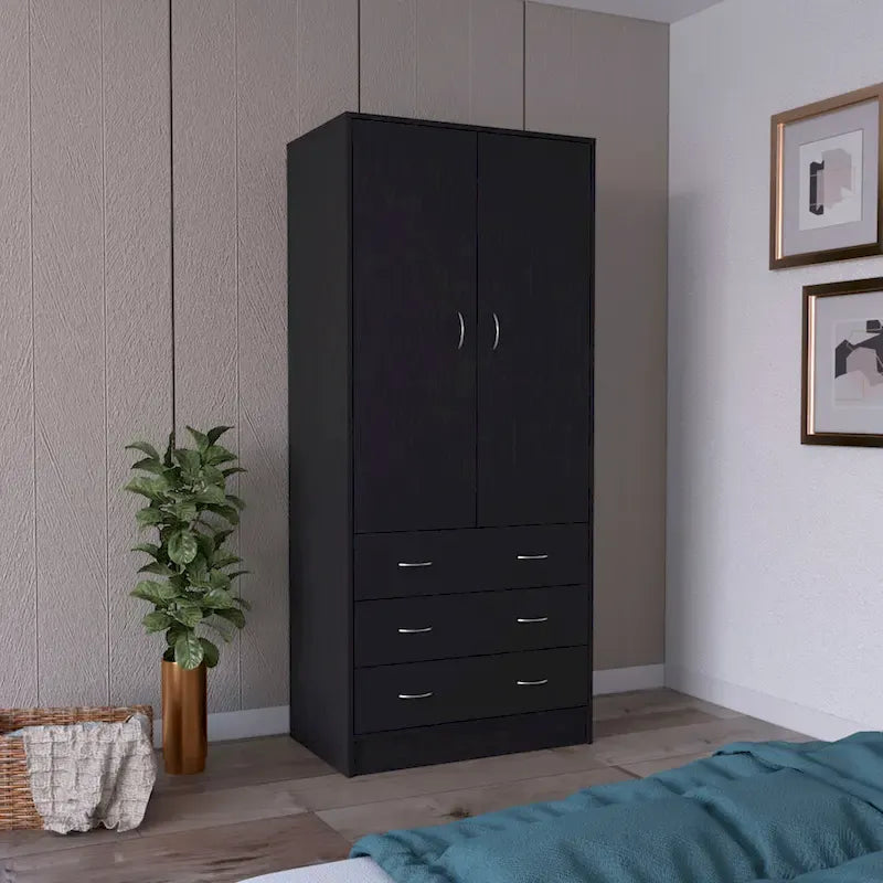 Armoire moderne à deux portes avec 3 tiroirs et 1 tringle à vêtements pour chambre à coucher