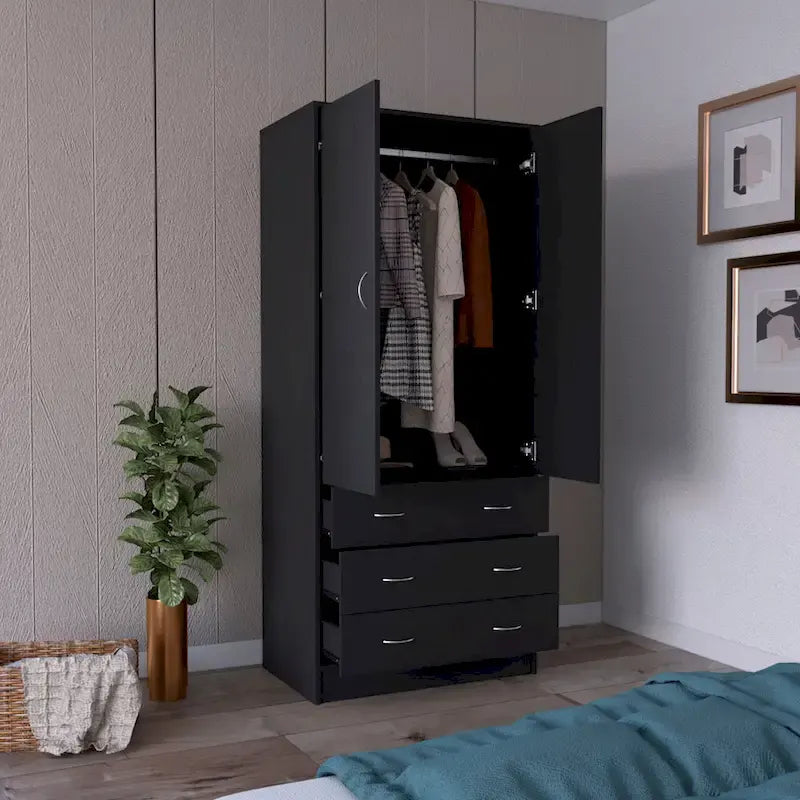 Armoire moderne à deux portes avec 3 tiroirs et 1 tringle à vêtements pour chambre à coucher