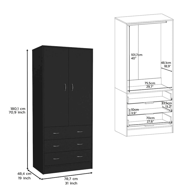 Armoire moderne à deux portes avec 3 tiroirs et 1 tringle à vêtements pour chambre à coucher
