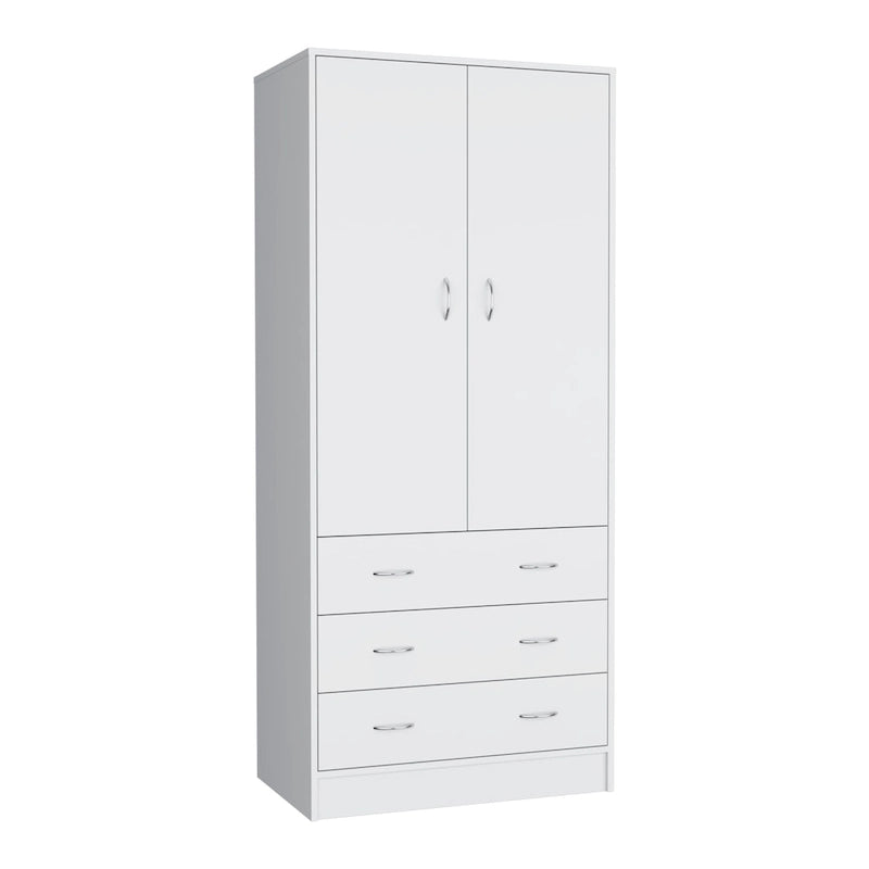 Armoire moderne à deux portes avec 3 tiroirs et 1 tringle à vêtements pour chambre à coucher