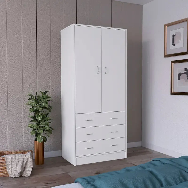 Armoire moderne à deux portes avec 3 tiroirs et 1 tringle à vêtements pour chambre à coucher