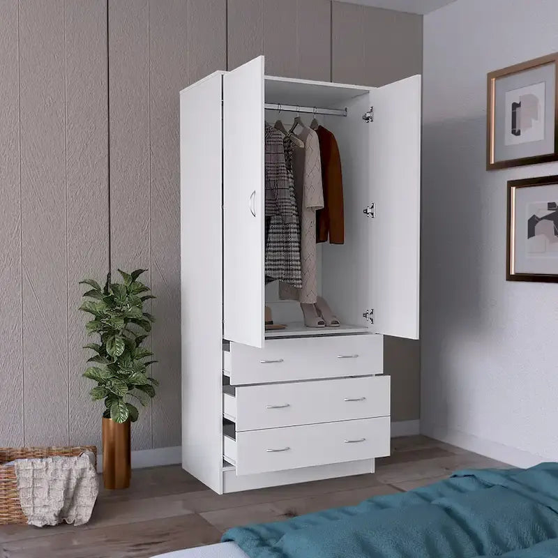 Armoire moderne à deux portes avec 3 tiroirs et 1 tringle à vêtements pour chambre à coucher
