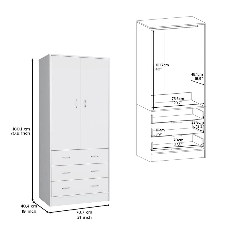 Armoire moderne à deux portes avec 3 tiroirs et 1 tringle à vêtements pour chambre à coucher