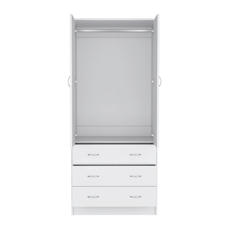 Armoire moderne à deux portes avec 3 tiroirs et 1 tringle à vêtements pour chambre à coucher
