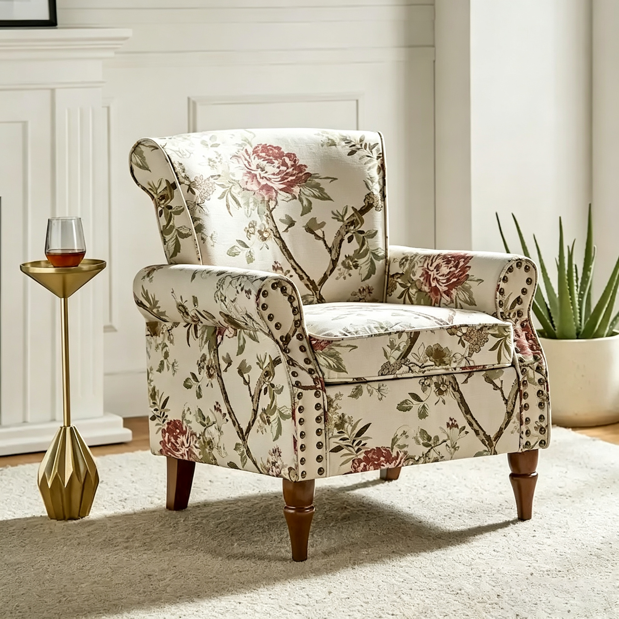 Fauteuil d'appoint traditionnel en polyester avec accoudoirs roulés et garniture cloutée