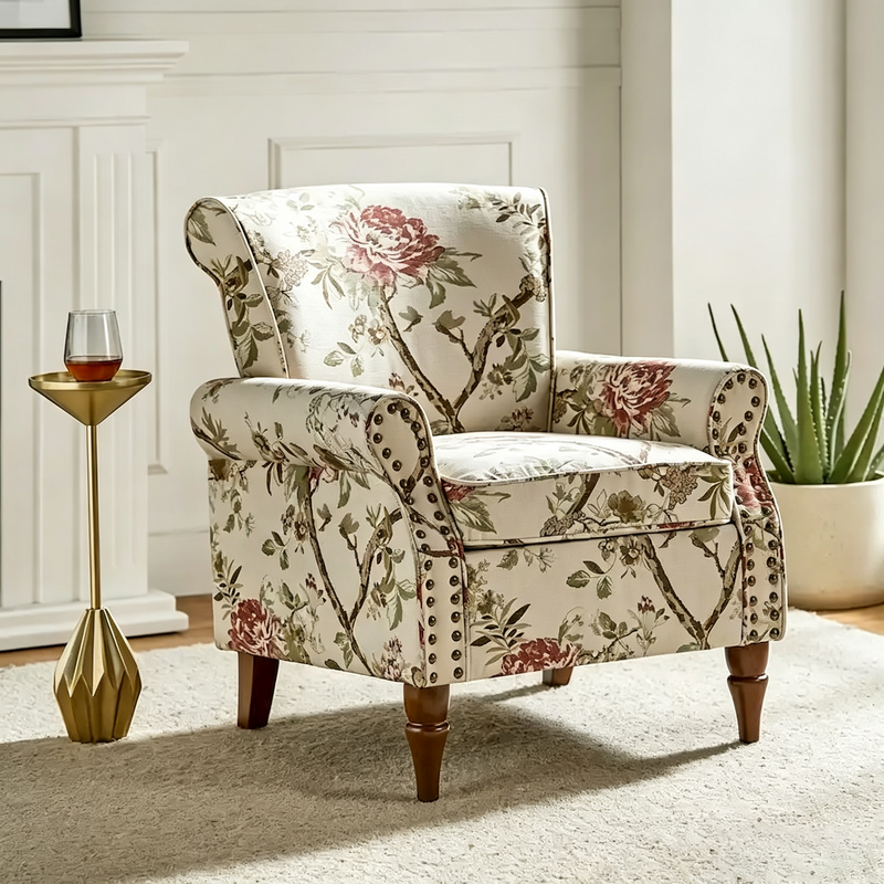 Fauteuil d'appoint traditionnel en polyester avec accoudoirs roulés et garniture cloutée