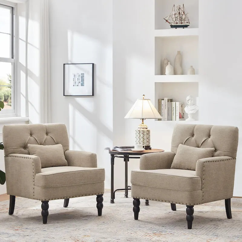 Fauteuil d'appoint capitonné avec oreiller lombaire beige/gris/bleu clair