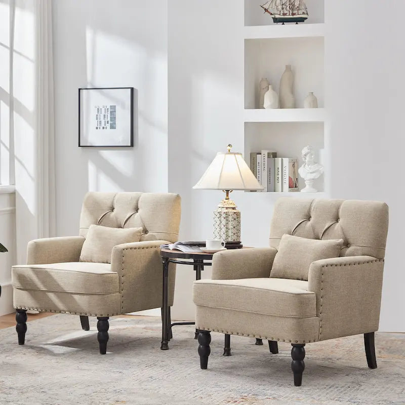 Fauteuil d'appoint capitonné avec oreiller lombaire beige/gris/bleu clair