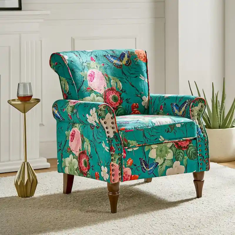 Fauteuil d'appoint traditionnel en polyester avec accoudoirs roulés et garniture cloutée