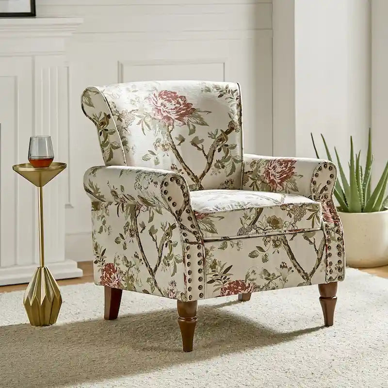 Fauteuil d'appoint traditionnel en polyester avec accoudoirs roulés et garniture cloutée