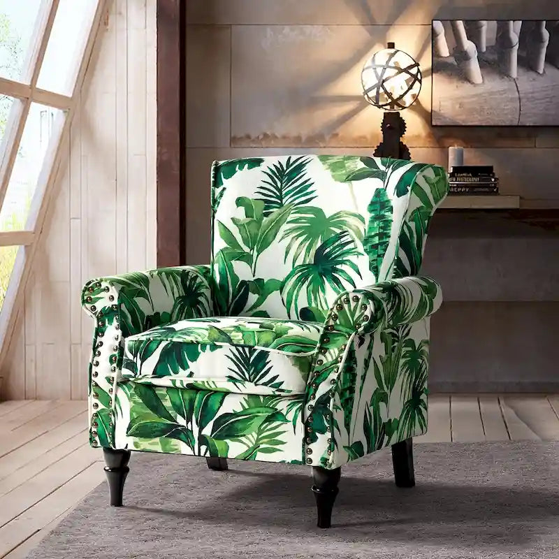 Fauteuil d'appoint traditionnel en polyester avec accoudoirs roulés et garniture cloutée