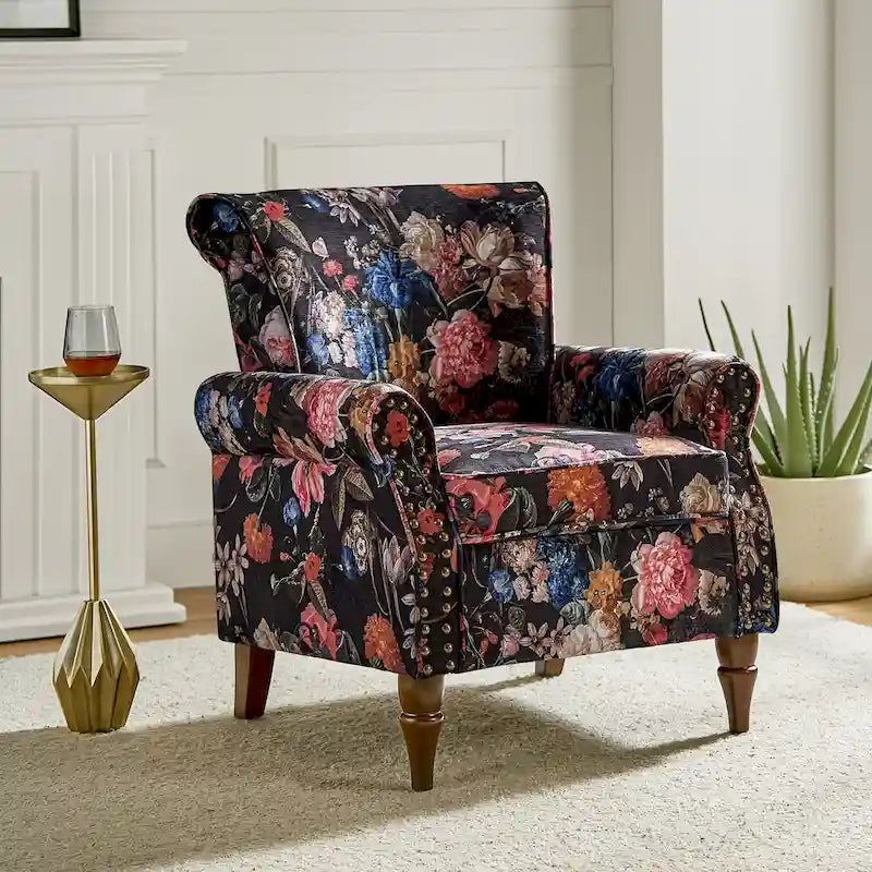 Fauteuil d'appoint traditionnel en polyester avec accoudoirs roulés et garniture cloutée