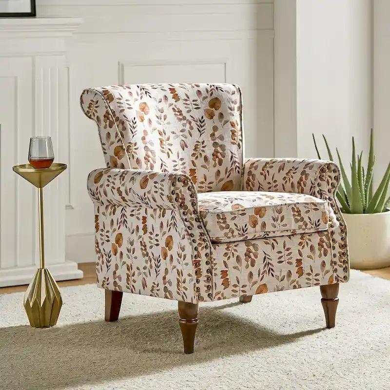 Fauteuil d'appoint traditionnel en polyester avec accoudoirs roulés et garniture cloutée