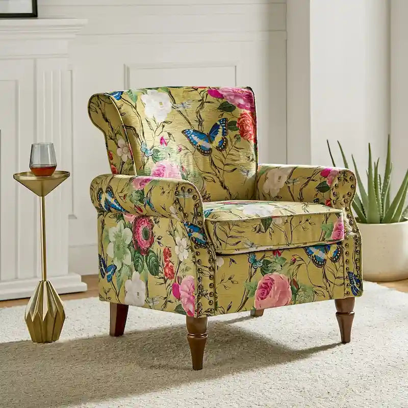 Fauteuil d'appoint traditionnel en polyester avec accoudoirs roulés et garniture cloutée