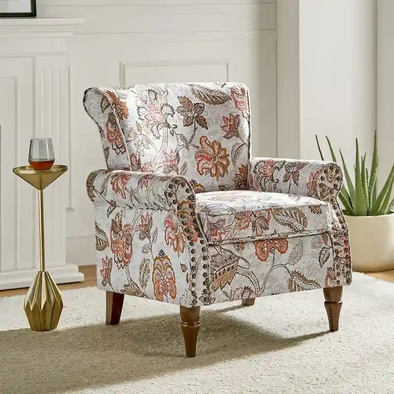 Fauteuil d'appoint traditionnel en polyester avec accoudoirs roulés et garniture cloutée