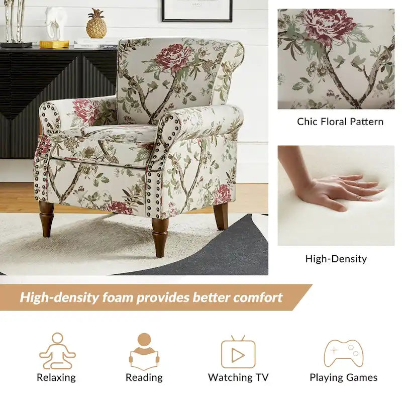 Fauteuil d'appoint traditionnel en polyester avec accoudoirs roulés et garniture cloutée