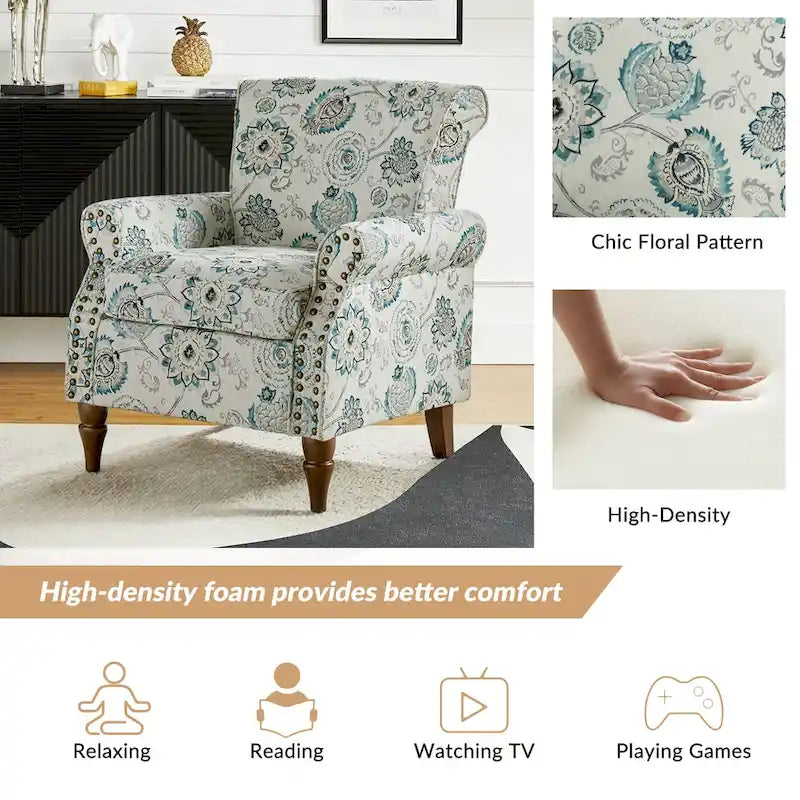 Fauteuil d'appoint traditionnel en polyester avec accoudoirs roulés et garniture cloutée