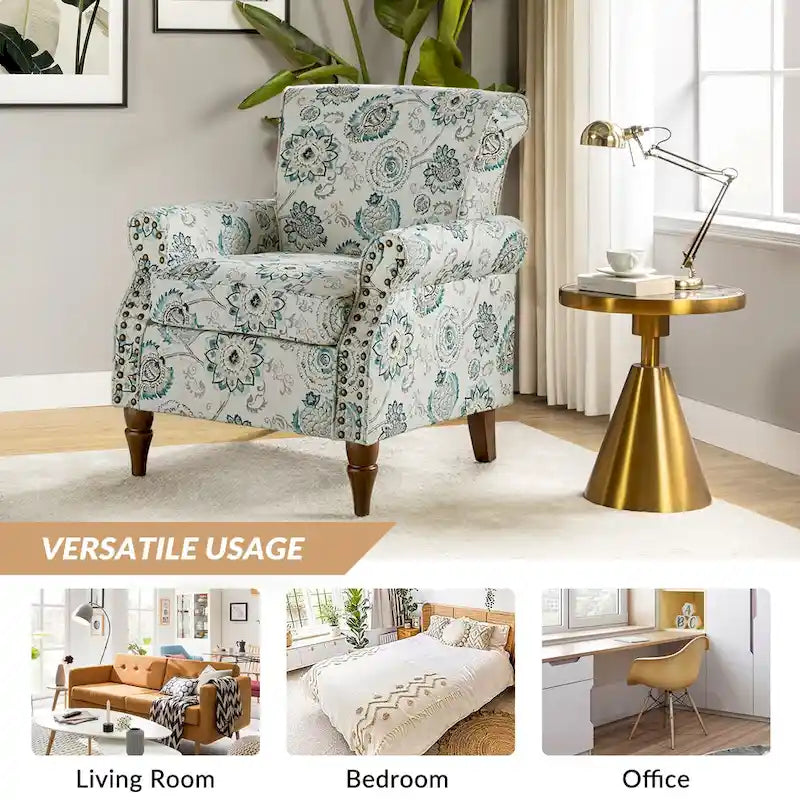 Fauteuil d'appoint traditionnel en polyester avec accoudoirs roulés et garniture cloutée