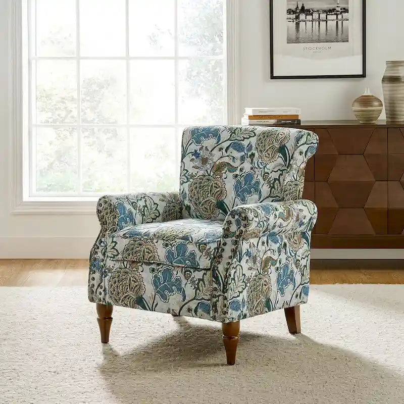 Fauteuil d'appoint traditionnel en polyester avec accoudoirs roulés et garniture cloutée