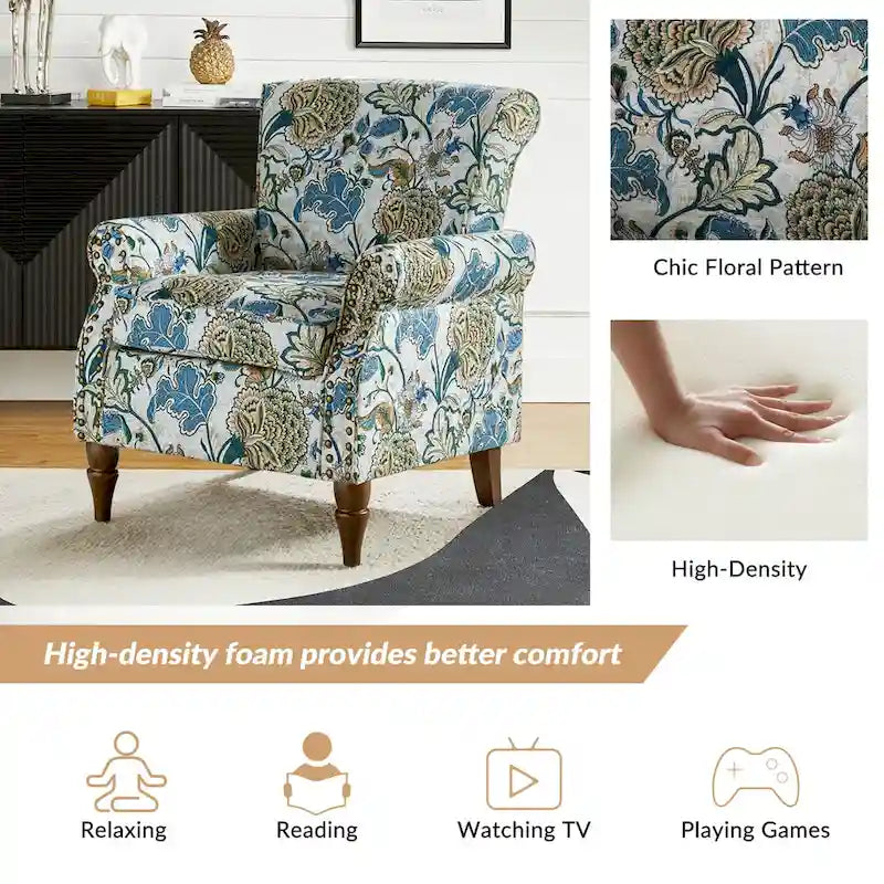 Fauteuil d'appoint traditionnel en polyester avec accoudoirs roulés et garniture cloutée