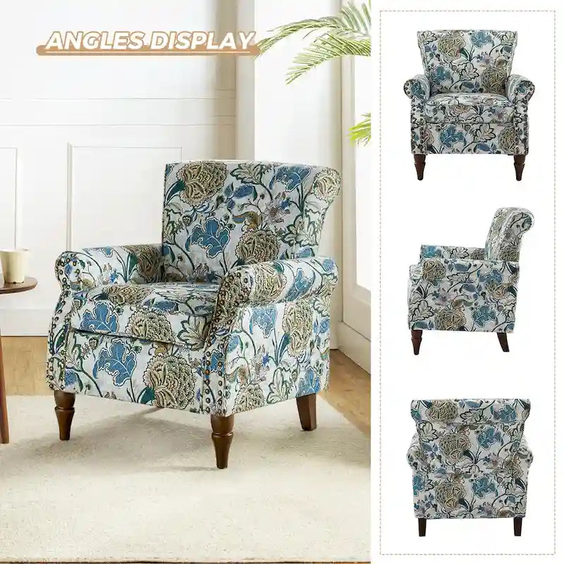Fauteuil d'appoint traditionnel en polyester avec accoudoirs roulés et garniture cloutée