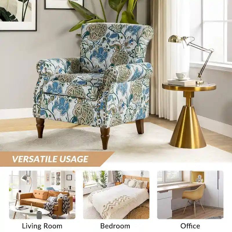 Fauteuil d'appoint traditionnel en polyester avec accoudoirs roulés et garniture cloutée