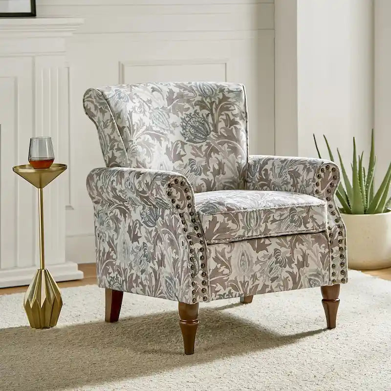 Fauteuil d'appoint traditionnel en polyester avec accoudoirs roulés et garniture cloutée