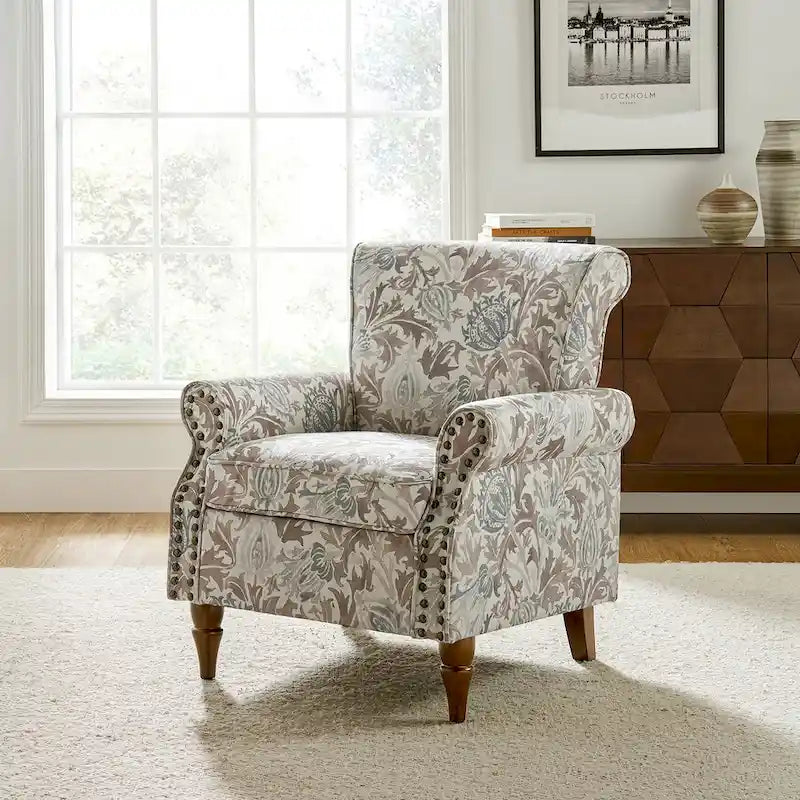 Fauteuil d'appoint traditionnel en polyester avec accoudoirs roulés et garniture cloutée