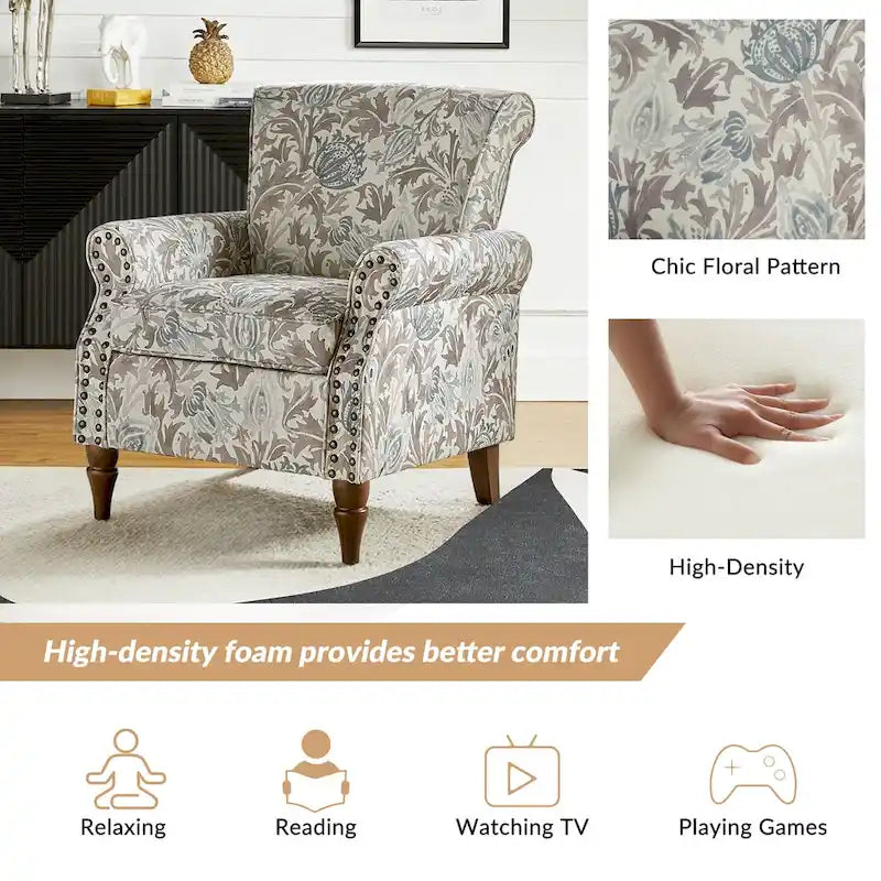 Fauteuil d'appoint traditionnel en polyester avec accoudoirs roulés et garniture cloutée