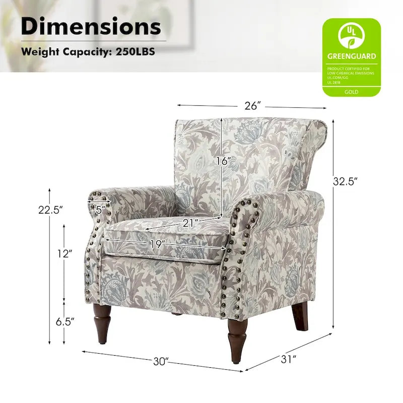 Fauteuil d'appoint traditionnel en polyester avec accoudoirs roulés et garniture cloutée