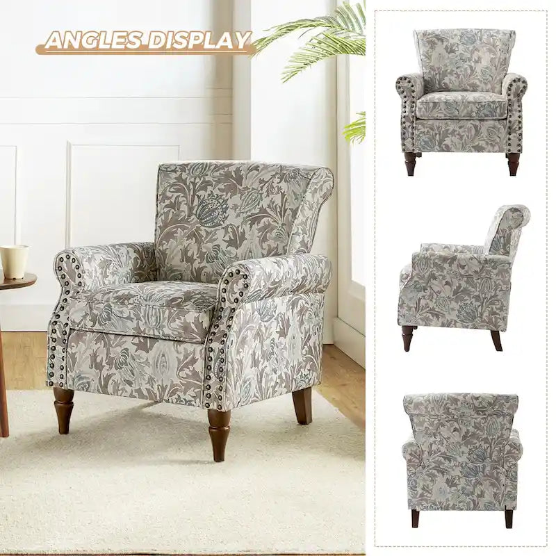 Fauteuil d'appoint traditionnel en polyester avec accoudoirs roulés et garniture cloutée