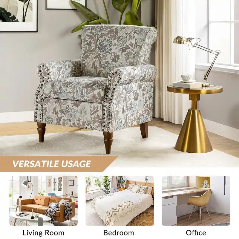 Fauteuil d'appoint traditionnel en polyester avec accoudoirs roulés et garniture cloutée