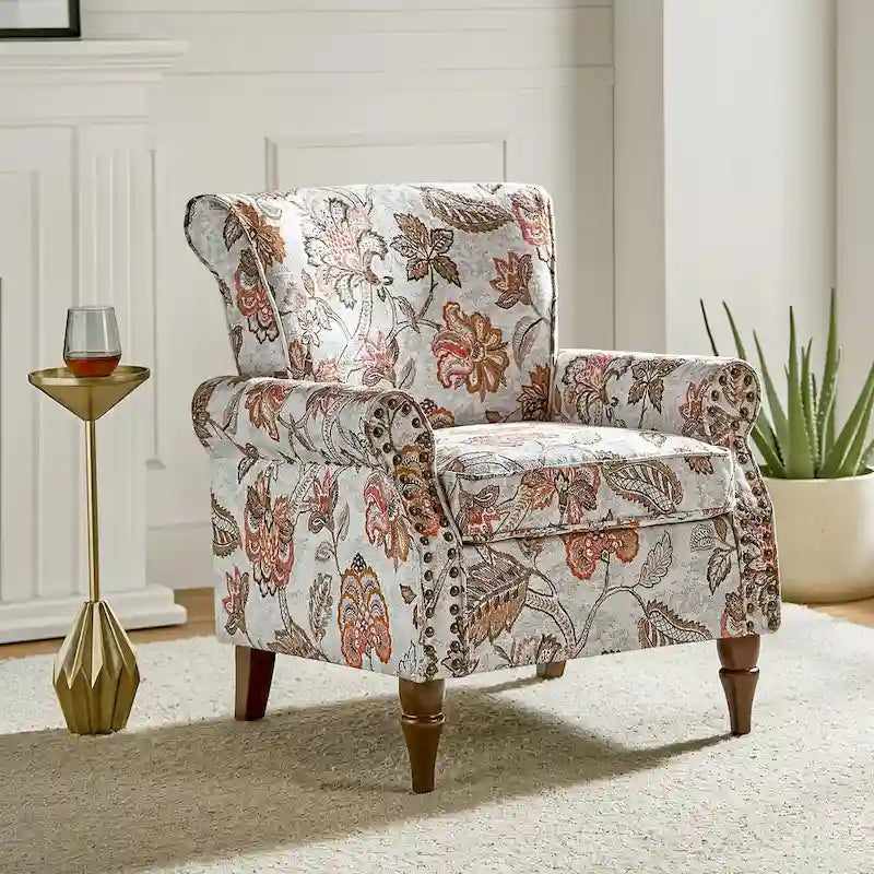 Fauteuil d'appoint traditionnel en polyester avec accoudoirs roulés et garniture cloutée