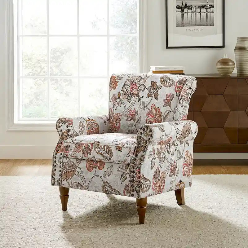 Fauteuil d'appoint traditionnel en polyester avec accoudoirs roulés et garniture cloutée