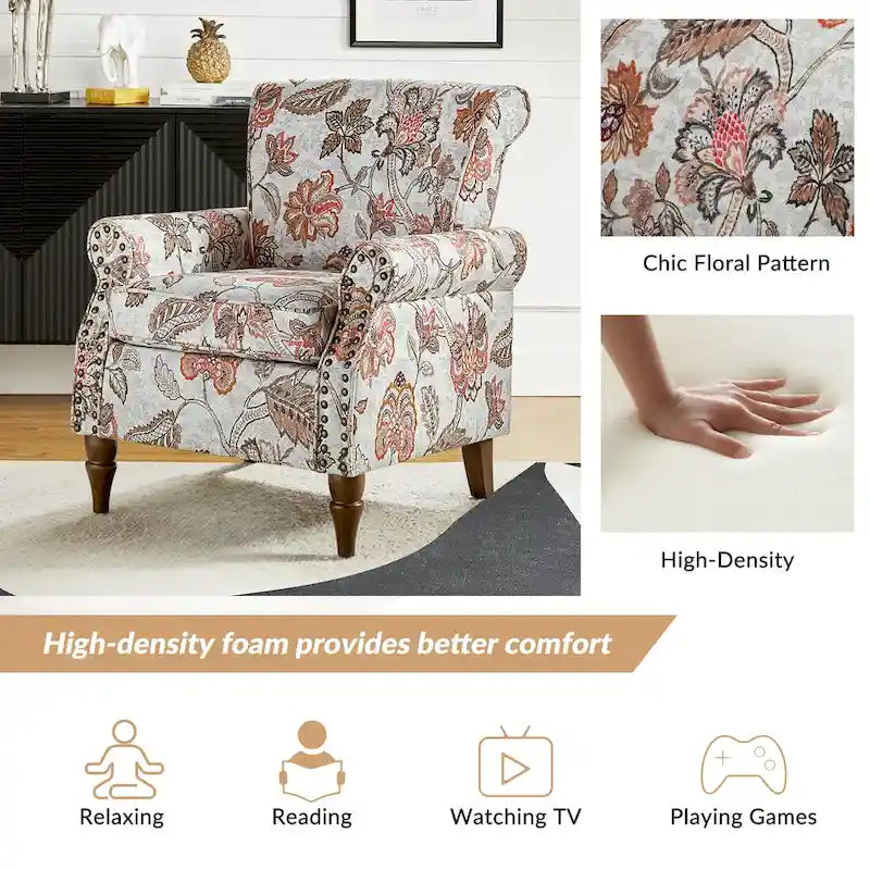 Fauteuil d'appoint traditionnel en polyester avec accoudoirs roulés et garniture cloutée