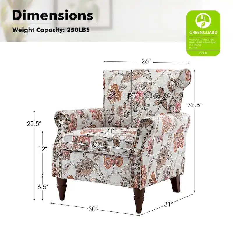 Fauteuil d'appoint traditionnel en polyester avec accoudoirs roulés et garniture cloutée