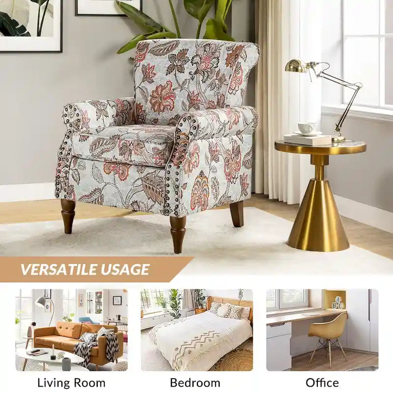 Fauteuil d'appoint traditionnel en polyester avec accoudoirs roulés et garniture cloutée