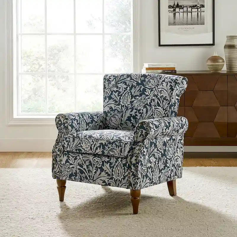 Fauteuil d'appoint traditionnel en polyester avec accoudoirs roulés et garniture cloutée