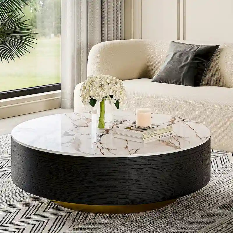 Table basse tambour moderne avec placage de chêne, table basse en pierre frittée avec 2 tiroirs en bois massif, entièrement assemblée, blanche
