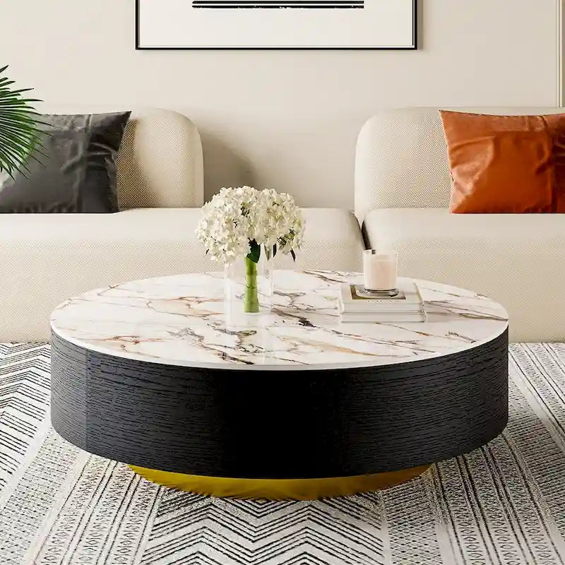 Table basse tambour moderne avec placage de chêne, table basse en pierre frittée avec 2 tiroirs en bois massif, entièrement assemblée, blanche