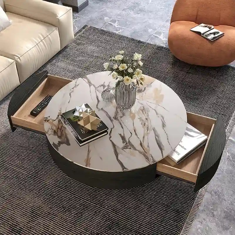 Table basse tambour moderne avec placage de chêne, table basse en pierre frittée avec 2 tiroirs en bois massif, entièrement assemblée, blanche