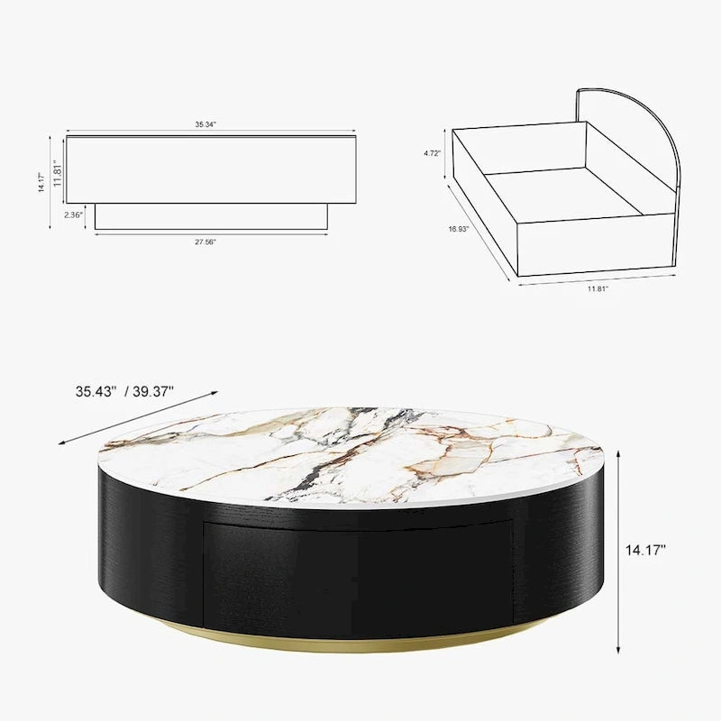 Table basse tambour moderne avec placage de chêne, table basse en pierre frittée avec 2 tiroirs en bois massif, entièrement assemblée, blanche