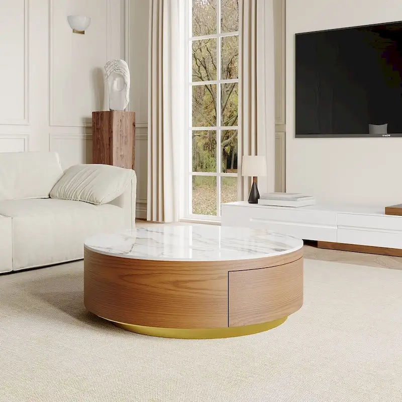 Table basse tambour moderne avec placage de chêne, table basse en pierre frittée avec 2 tiroirs en bois massif, entièrement assemblée, blanche