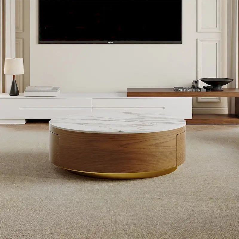 Table basse tambour moderne avec placage de chêne, table basse en pierre frittée avec 2 tiroirs en bois massif, entièrement assemblée, blanche