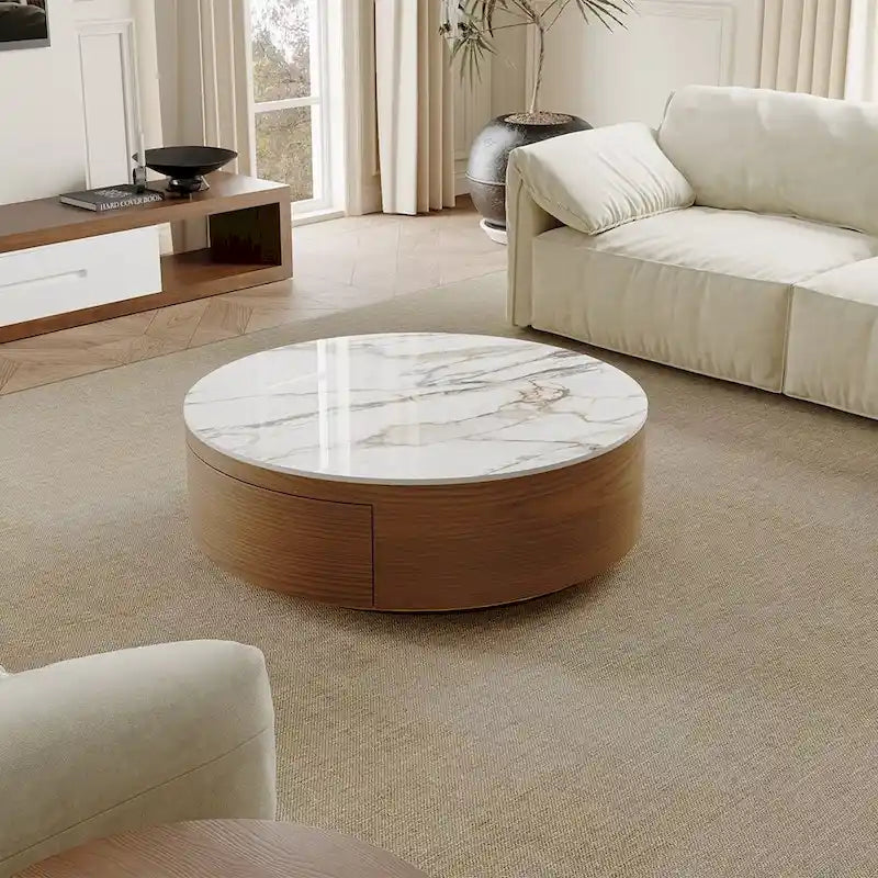Table basse tambour moderne avec placage de chêne, table basse en pierre frittée avec 2 tiroirs en bois massif, entièrement assemblée, blanche