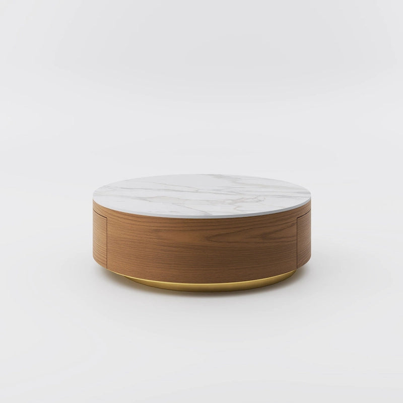 Table basse tambour moderne avec placage de chêne, table basse en pierre frittée avec 2 tiroirs en bois massif, entièrement assemblée, blanche