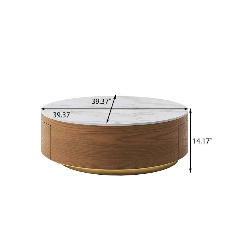 Table basse tambour moderne avec placage de chêne, table basse en pierre frittée avec 2 tiroirs en bois massif, entièrement assemblée, blanche