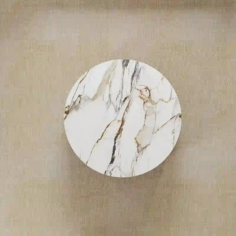 Table basse tambour moderne avec placage de chêne, table basse en pierre frittée avec 2 tiroirs en bois massif, entièrement assemblée, blanche